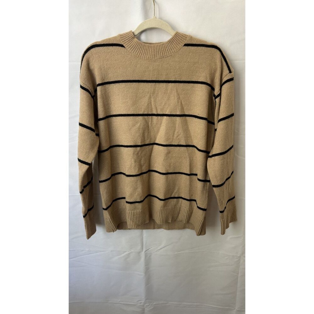 Shop Stevie Women's Striped Black/Camel Mock Neck Knit Sweater Small Preppy
